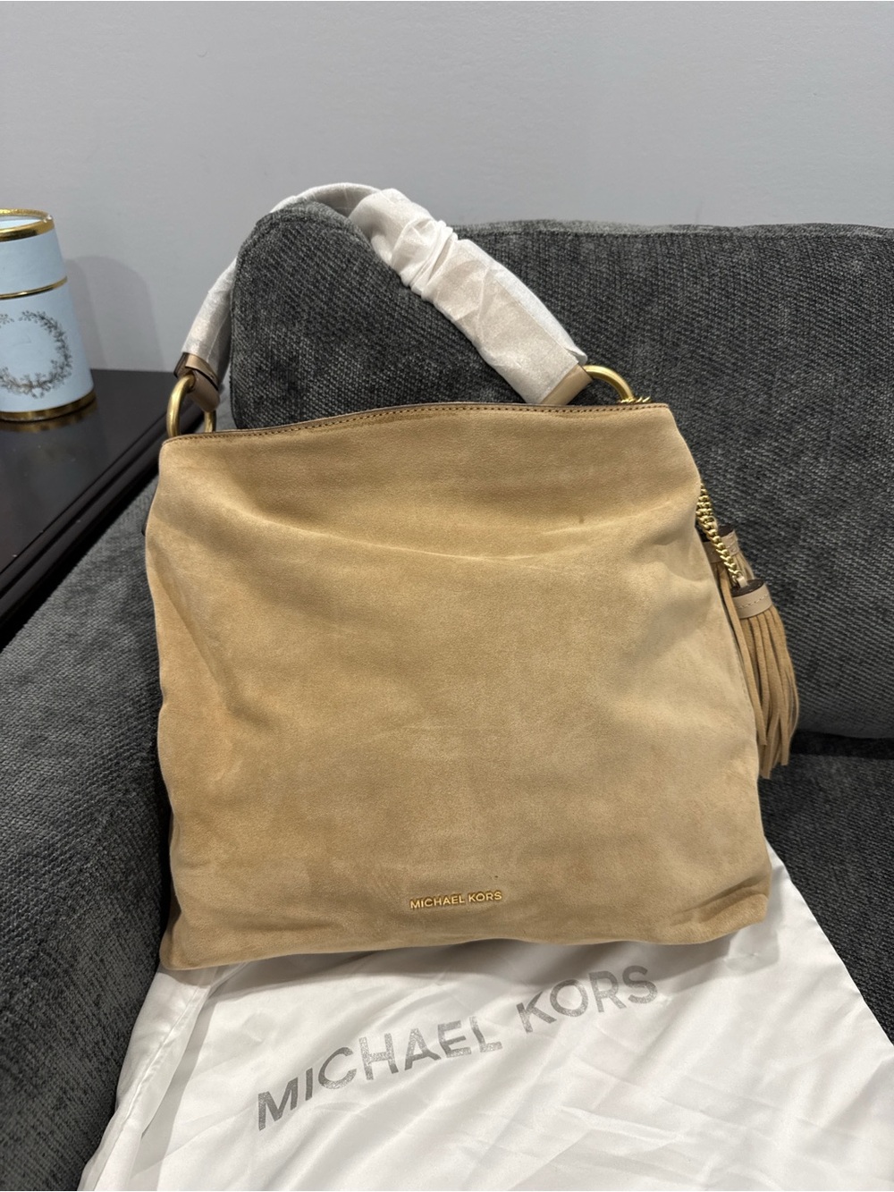 Michael Kors Tan Suede Hobo with Tassel